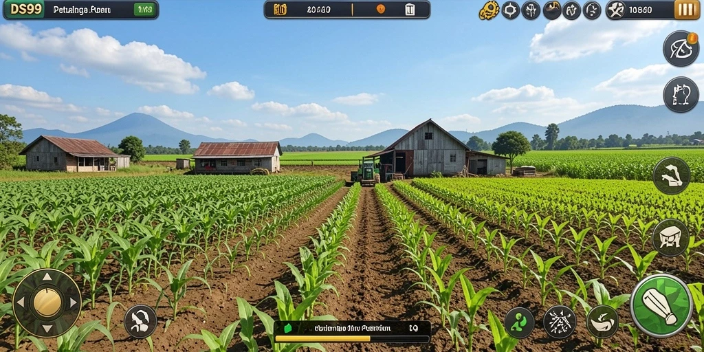 Tampilan gameplay DS99 yang menarik dan penuh warna di dunia pertanian.