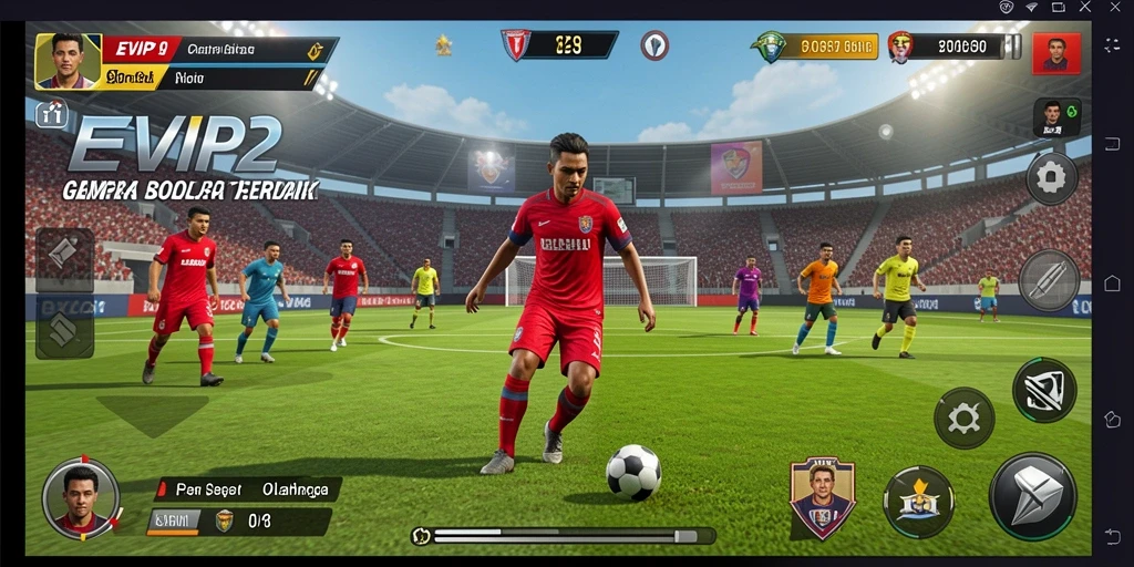 Tangkapan layar utama EVIP2 menampilkan aksi permainan sepak bola yang mendebarkan.