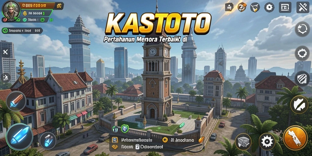 Tampilan gameplay KASTOTO dengan menara yang siap bertahan melawan gelombang musuh.