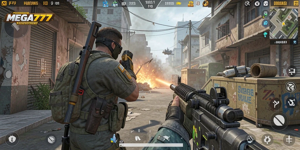 Screenshot gameplay MEGA777 yang menunjukkan aksi pertempuran FPS yang mendebarkan.