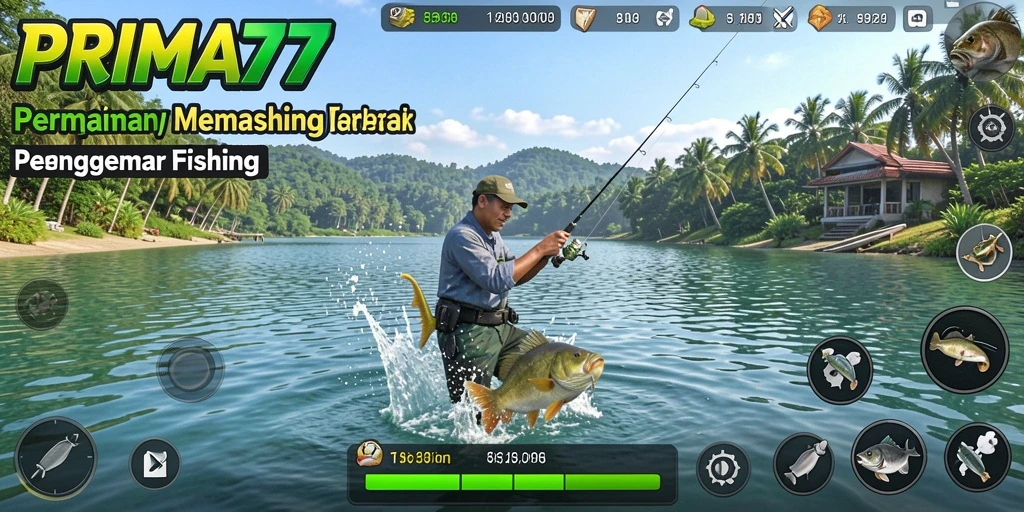 Tampilan gameplay realistis dari PRIMA77 dengan pemandangan memancing yang menakjubkan.