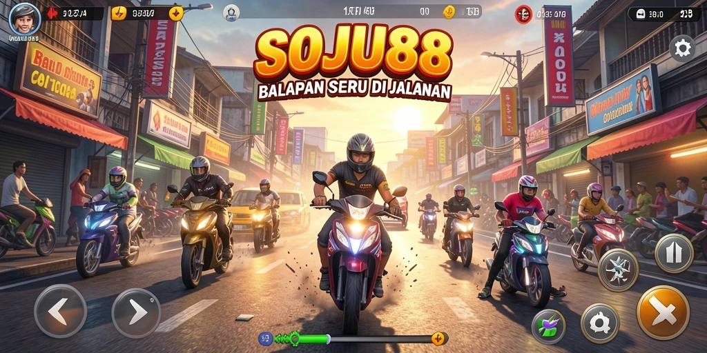 Tangkapan layar gameplay SOJU88 menampilkan balapan yang mendebarkan di trek yang menantang.